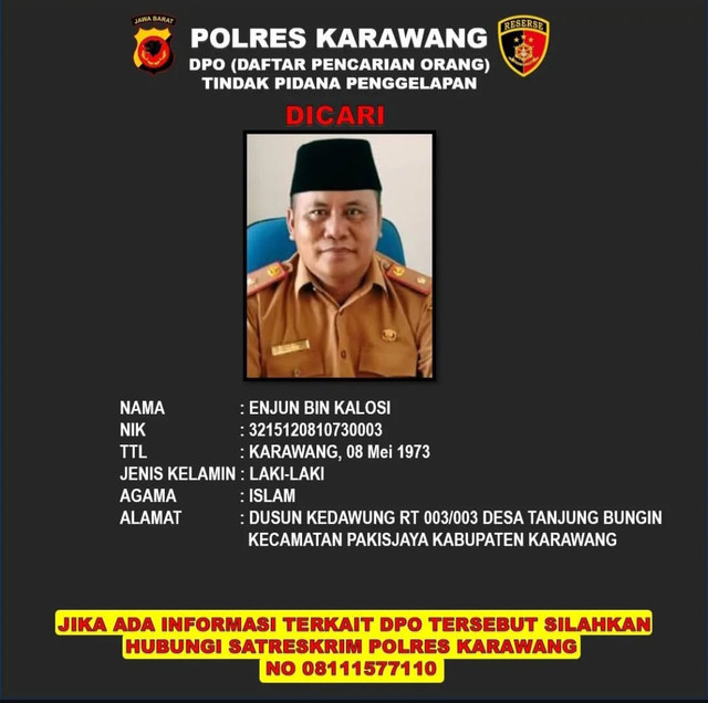 Enjun (51), Kepala Desa (Kades) Tanjung Bungin, Kecamatan Pakisjaya, masuk dalam daftar pencarian orang (DPO) Polres Karawang. Foto: Dok. Istimewa