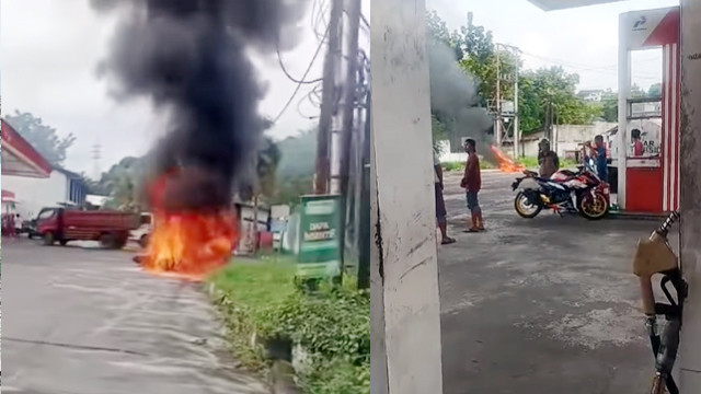 Kolase sepeda motor terbakar di SPBU Dendengan Dalam, Kota Manado, Sulawesi Utara.