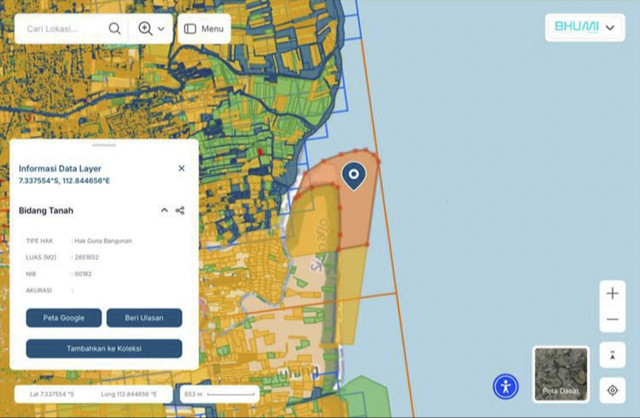 Tangkapan layar Hak Guna Bangunan (HGB) lahan di atas perairan timur Surabaya-Sidoarjo di aplikasi Bhumi. Foto: dok. Tangkapan Layar