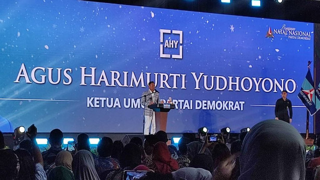 Ketua Umum Demokrat, Agus Harimurti Yudhoyono, dalam kegiatan Perayaan Natal 2024 dan Tahun Baru 2025 Partai Demokrat di The Krakatau Grand Ballroom, TMII, Jakarta Timur, pada Selasa (21/1/2025). Foto: Rachmadi Rasyad/kumparan