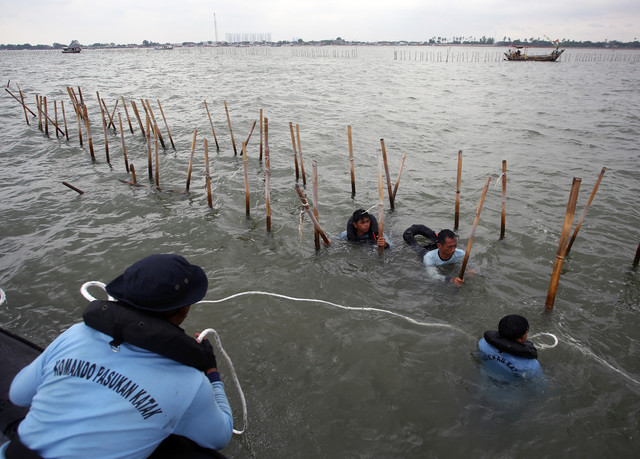 Pasukan Komando Pasukan Katak (Kopaska) TNI-AL membongkar pagar laut di kawasan Pantai Tanjung Pasir, Kabupaten Tangerang, Banten, Rabu (22/1/2025). Foto: ANTARA FOTO/Muhammad Iqbal