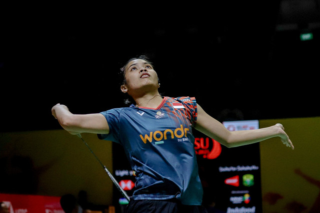 Tunggal putri Indonesia Gregoria Mariska Tunjung saat melawan wakil India Anupama Upadhyaya pada pertandingan Daihatsu Indonesia Masters 2025 di Istora Senayan, Jakarta, Rabu (22/1/2025). Foto: Jamal Ramadhan/kumparan