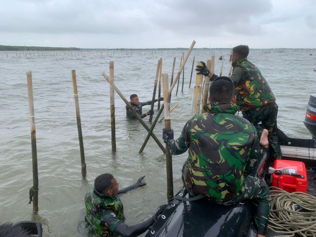 Anggota TNI AL membongkar pagar laut di Tangerang, Banten, Sabtu (25/1). Foto: Dok. Dispenal