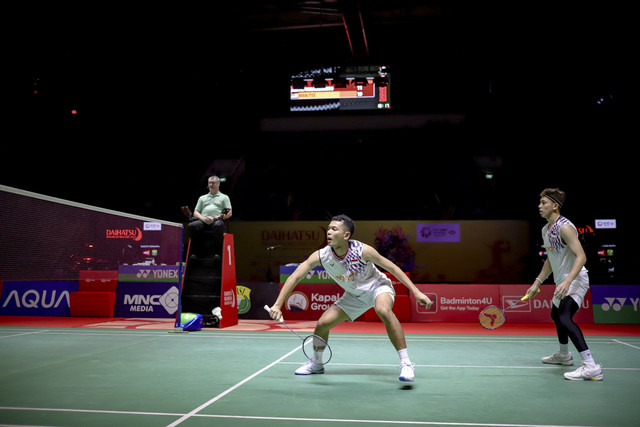 Ganda putra, Fajar Alfian/Muhammad Rian Ardianto tampil pada final Indonesia Masters 2025 di Istora Senayan, Jakarta, Minggu (26/1/2025). Foto: Jamal Ramadhan/kumparan