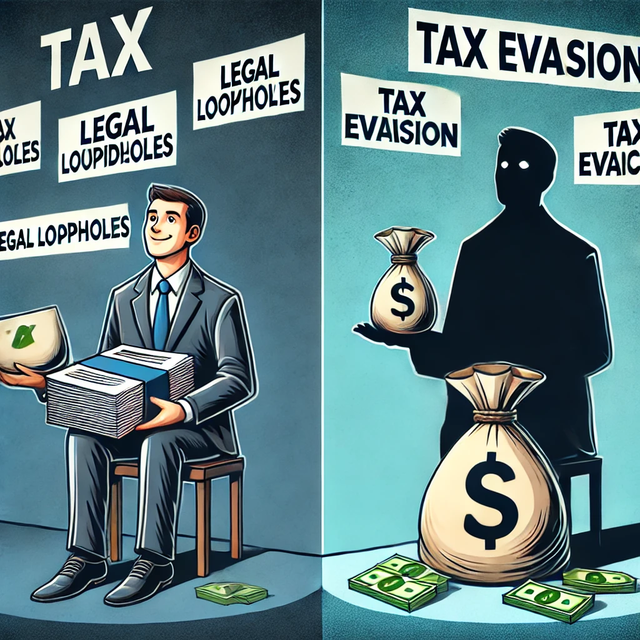 A conceptual illustration from DALL.E ,depicting the contrast between tax avoidance being legal or unethical. On one side, a businessperson is sitting with a stack of financial documents labeled 'Legal Loopholes,' with a confident smile. On the other side, a shadowy figure holding a bag of money labeled 'Tax Evasion,' symbolizing illegal actions. The background is divided into light and dark, representing the ethical and legal divide in financial practices. Professional and modern art style.