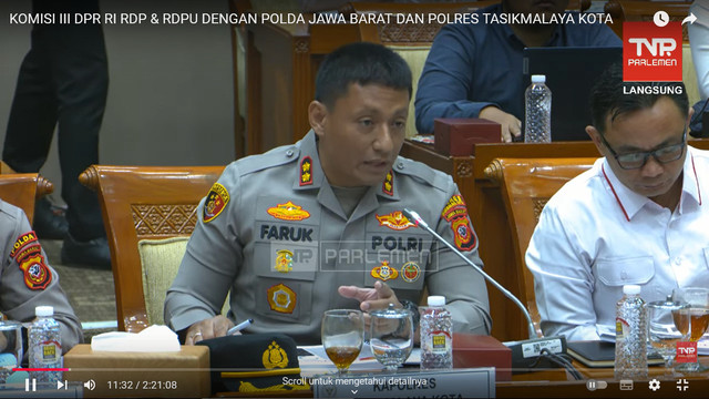 Kapolres Tasikmalaya Kota, AKBP Faruk Rozi saat RDP dengan Komisi III DPR, Kamis (30/1/2025). Foto: dok: YouTube TVR Parlemen