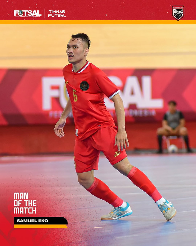 Samuel Eko dinobatkan sebagai Man Of The Match saat Timnas futsal Indonesia mengalahkan Jepang. Foto: Instagram @timnasfutsal