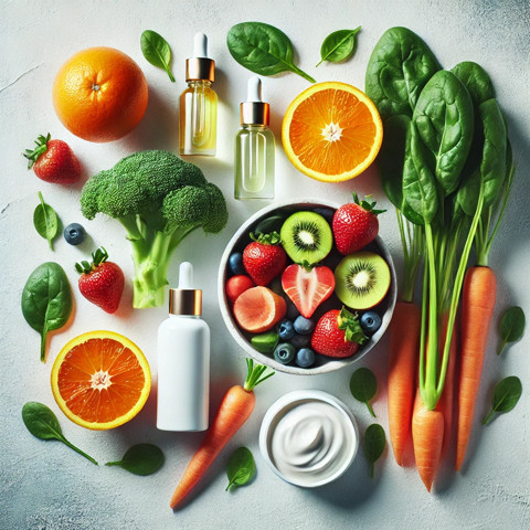 Gambar buah, sayur, dan skincare yang menunjukan keseimbangan antara perawatan kulit dari dalam dan luar untuk hasil kulit sehat dan bercahaya. Sumber: OpenAI