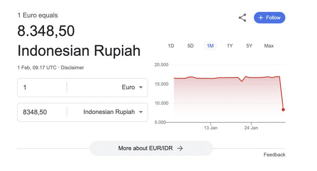 Tangkapan layar Google, nilai tukar euro ke rupiah pada Sabtu (1/2/2025). Foto: kumparan