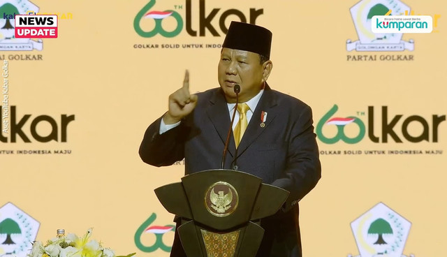 Presiden Prabowo saat berpidato pada HUT Partai Golkar yang ke 60 tahun. Sumber: https://youtu.be/fAR7MvNDu6s?si=oySMkL9kOWupwI0F