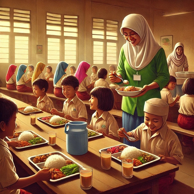 Ilustrasi AI kegiatan makan bergizi di sekolah. Sumber: https://chatgpt.com/share/67a1d87d-1fd8-800a-8ba8-574125dd54c5