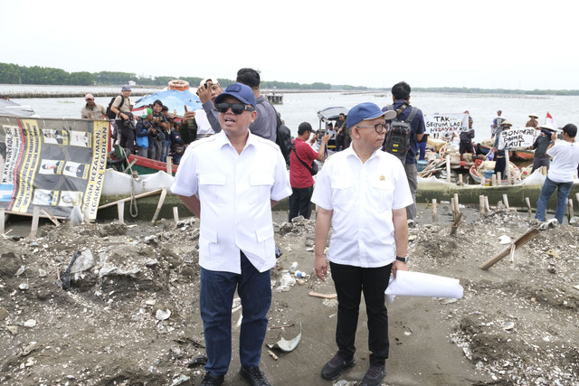 Menteri ATR/BPN Nusron Wahid meninjau lokasi pagar laut yang terindikasi manipulasi data terkait bidang tanah yang tercatat dan terbit SHGB, di perairan Kabupaten Bekasi, Jawa Barat, Selasa (4/2/2025). Foto: Dok. Kementerian ATR/BPN