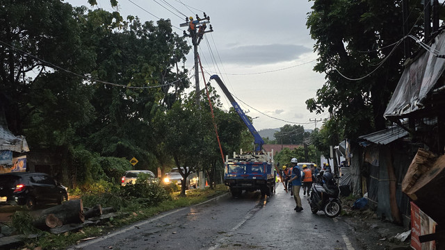 Petugas PLN saat melakukan perbaikan jaringan listrik yang terputus akibat pohon tumbang. | Foto: PLN UID Lampung