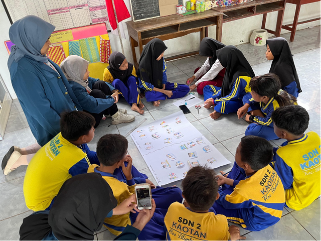 Sesi membuat mading yang berisi materi tindakan yang boleh dilakukan dan tindakan yang tidak boleh dilakukan dalam konteks bullying. (dokumentasi pribadi)