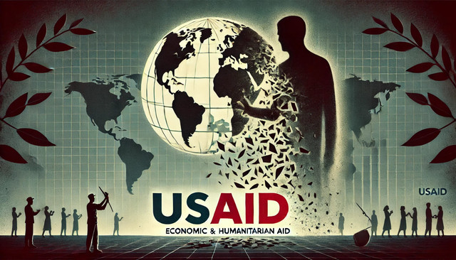 Gambar sebagai lustrasi yang menggambarkan penutupan USAID dan dampaknya terhadap dunia. Dibuat oleh ChatGPT DALL-E