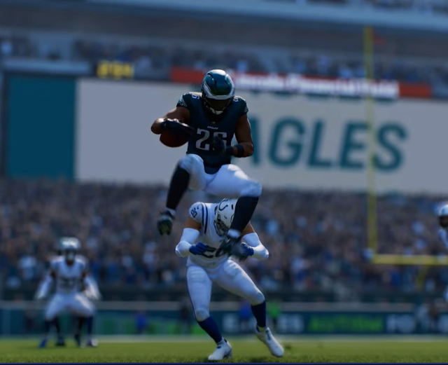 Gerakan hurdle, melompati musuh sambil berlari, oleh Saquon Barkley. Sumber: Screenshot sendiri di video game Madden NFL 25 (Milik penulis, beli di EA App, seharga Rp 800.000)