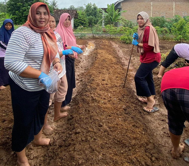 Ibu-ibu warga Desa Tanjungan yang mengikuti perlombaan menanam sayur. | Foto: Istimewa