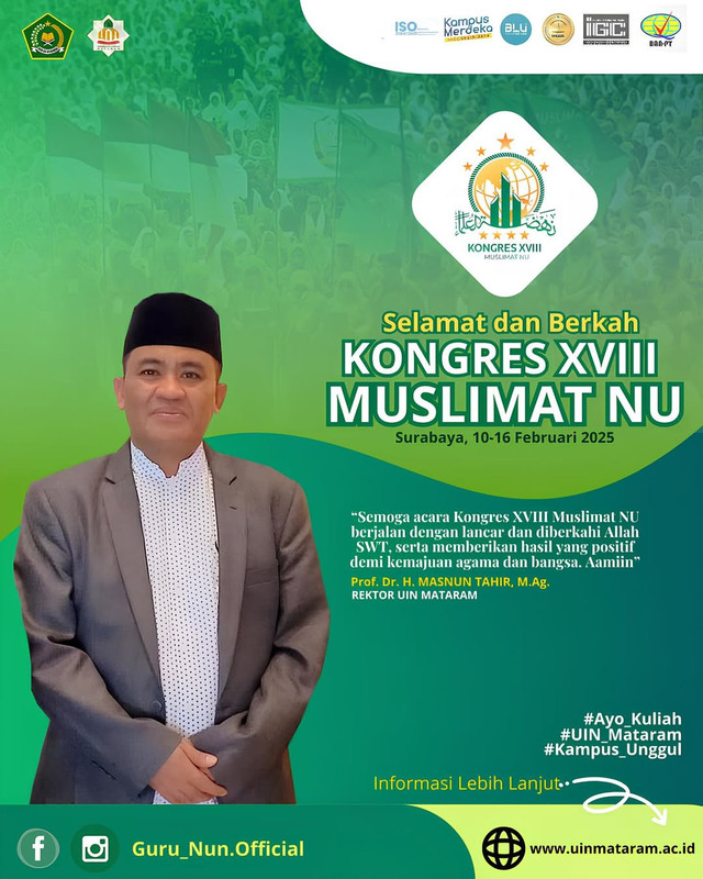 Rektor UIN Mataram Prof Masnun Tahir Ucapkan Selamat Kongres Muslimat NU