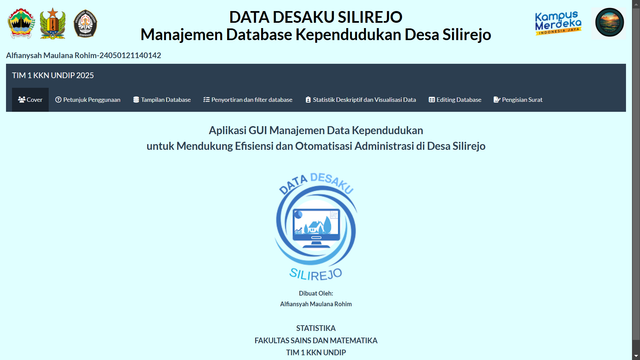 Desain Halaman Depan Aplikasi GUI "DATA DESAKU SILIREJO" Manajemen Database Kependudukan Desa Silirejo