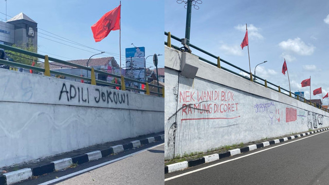 Foto sebelum dan sesudah tulisan 'Adili Jokowi' dihapus di Flyover Lempuyangan.  Foto: Resti Damayanti/Pandangan Jogja