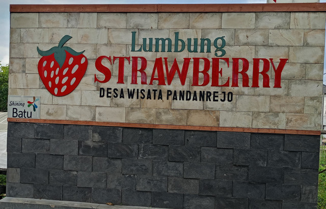 Gerbang utama Lumbung Strawberry di Desa Wisata Pandanrejo, Batu. Destinasi wisata ini menawarkan pengalaman seru memetik stroberi langsung dari kebun. (Foto: Dok, Pribadi)