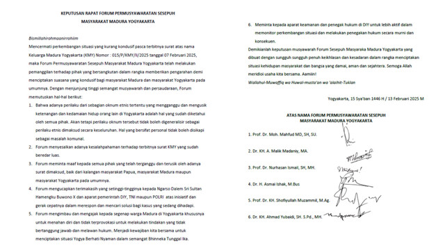 Surat keputusan rapat Forum Permusyawaratan Sesepuh Masyarakat Madura Yogyakarta. Foto: Istimewa/Pandangan Jogja