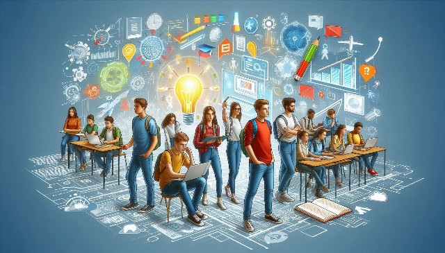 Ilustrasi Sekelompok mahasiswa antusias di ruang kelas futuristik dengan layar digital dan perangkat canggih, menggambarkan perjuangan pendidikan inklusif melalui kolaborasi dan semangat kebersamaan. Sumber: DELL E 3