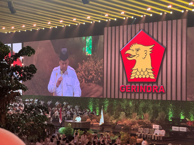 Ketua Umum Partai Gerindra sekaligus Presiden RI Prabowo Subianto di Sentul International Convention Center (SICC), Bogor, Sabtu (15/2/2025). Foto: Luthfi Humam/kumparan