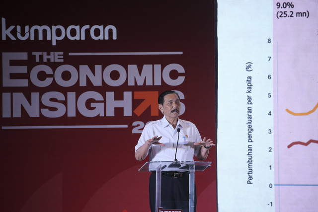 Ketua Dewan Ekonomi Nasional (DEN) Luhut Binsar Pandjaitan memberikan sambutan pada acara kumparan The Economic Insights 2025 di The Westin, Jakarta, Rabu (19/2/2025). Foto: Aditia Noviansyah/kumparan