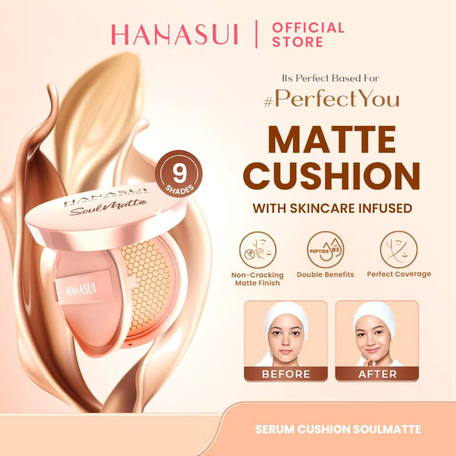 Tips memilih cushion Hanasui. Foto adalah cushion Hanasui. Sumber foto: Shopee/@Hanasui Official Shop