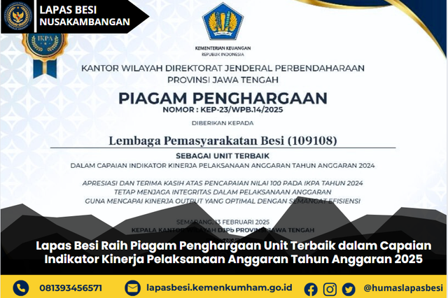 Lapas Besi Raih Piagam Penghargaan Unit Terbaik dalam Capaian Indikator Kinerja 