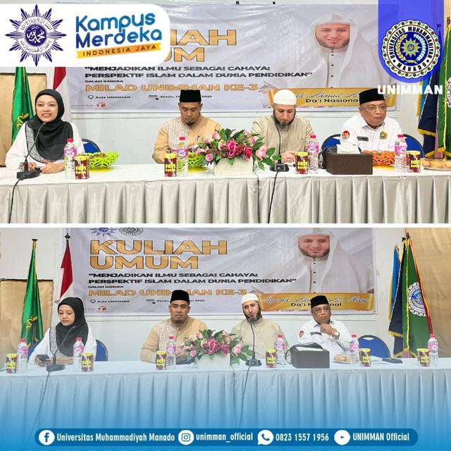 Universitas Muhammadiyah Manado sukses menyelenggarakan Kuliah Umum dalam rangka Milad ke-3 dengan tema “Menjadikan Ilmu sebagai Cahaya: Perspektif Islam dalam Dunia Pendidikan.” Acara yang dihadiri oleh segenap civitas akademika ini diharapkan dapat menguatkan semangat dan komitmen bersama untuk terus meningkatkan kualitas pendidikan, sejalan dengan visi dan misi universitas.