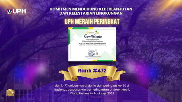 Universitas Pelita Harapan (UPH) meraih pencapaian membanggakan dalam UI GreenMetric World University Rankings 2024. Secara global, UPH berhasil menempati peringkat ke-472 dari 1.477 universitas, meningkat pesat dari posisi ke-602 pada tahun sebelumnya.