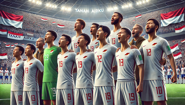 Sumber: OpenAI, 2024.    Ilustrasi Timnas Indonesia menyanyikan lagu "Tanah Airku" dibuat menggunakan DALL-E 3 melalui platform ChatGPT.   Gambar bertujuan untuk ilustrasi non-komersial dan tidak menggambarkan peristiwa nyata.