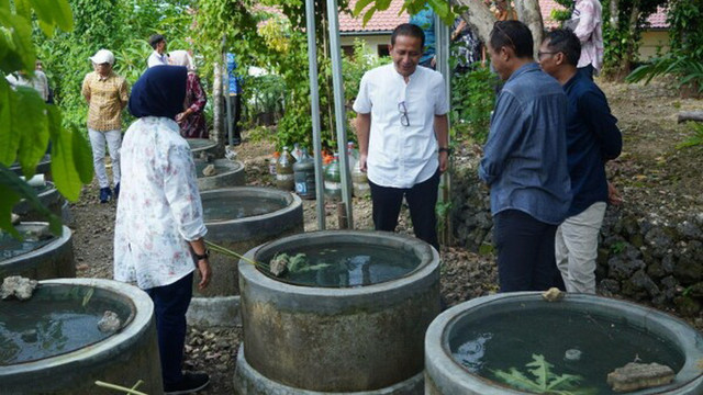 Bupati dan Wakil Bupati Bojonegoro, Setyo Wahono-Nurul Azizah, saat belajar mengelola buis beton untuk ternak ikan lele di Banyumanik Research Center (BRC), Kecamatan Banyumanik, Kabupaten Gunungkidul. (Aset: Istimewa)