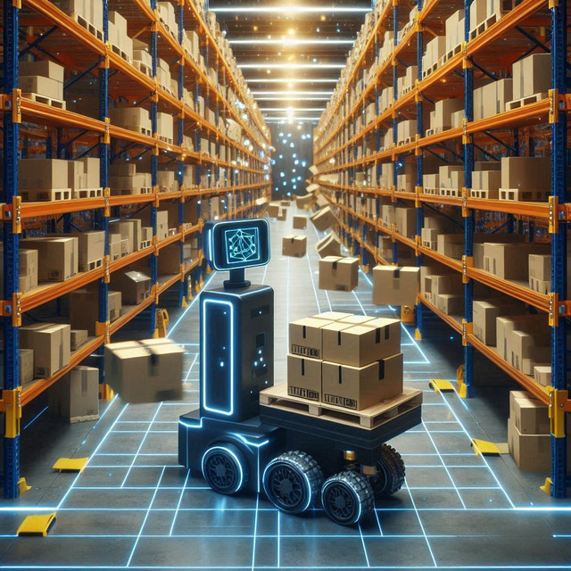 Ilustrasi Robot logistik canggih dalam gudang otomatis modern (Sumber: Bing Image Creator)