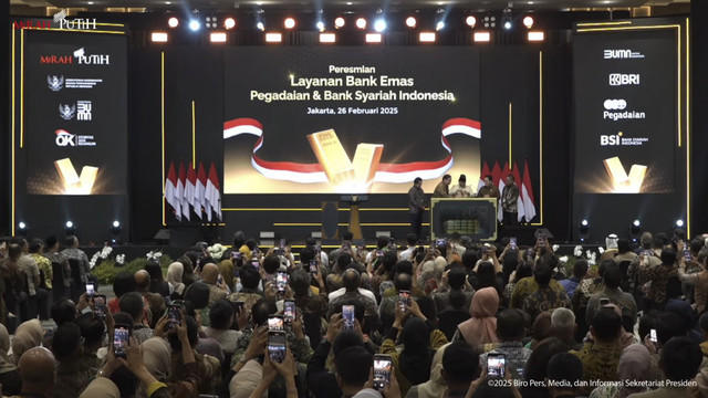 Presiden RI Prabowo Subianto beserta jajaran resmikan Layanan Bank Emas Pegadaian dan BSI di Jakarta, Rabu (26/2/2025). Foto: YouTube/ Sekretariat Presiden