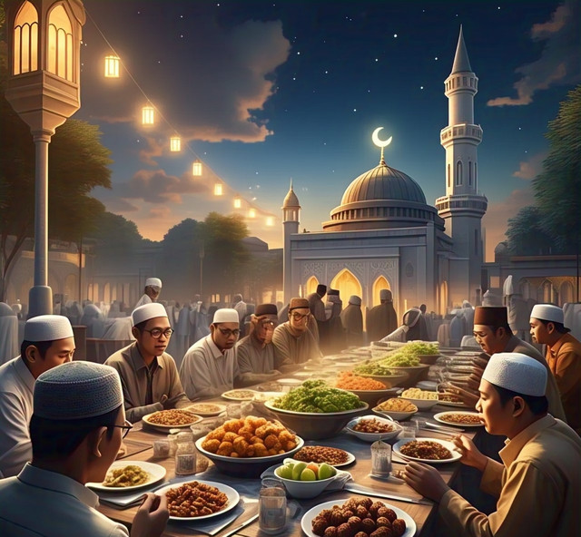 Ilustrasi buka puasa bersama saat bulan Ramadan. Dok: AI