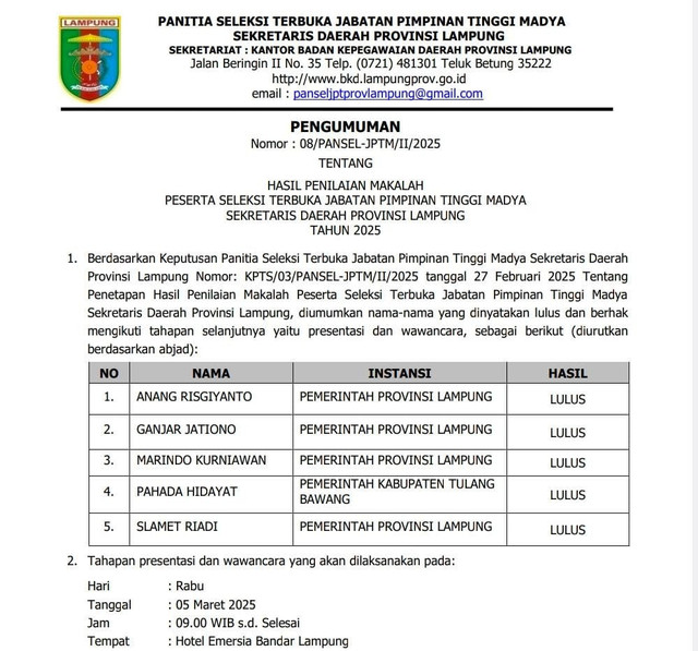 Tangkaplayar surat pengumuman hasil penilaian makalah seleksi Sekda Lampung | Foto : Pemprov Lampung