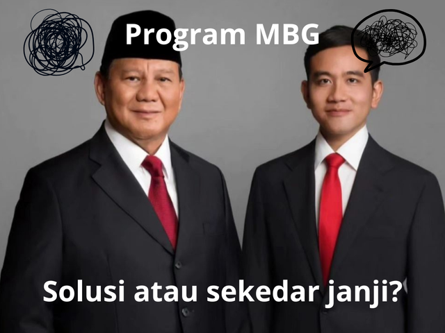 Ilustrasi Prabowo-Gibran dengan penulisan "Program MBG, Solusi atau sekedar janji?" (Diedit oleh : Balyan Firjatullah)