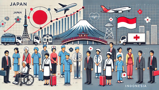 Ilustrasi Penuaan Populasi di Jepang dan Peningkatan Pekereja Migran Indonesia. Sumber : AI ChatGPT 