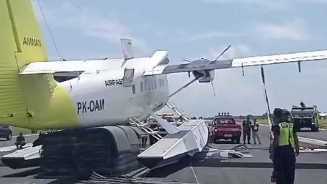 Pesawat tergelincir di Bandata I Gusti Ngurah Rai, Sabtu (8/3). Foto: Dok. Istimewa