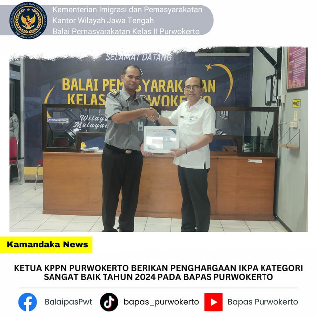 Bapas Purwokerto Terima Penghargaan IKPA Tahun 2024 dengan Predikat Sangat Baik