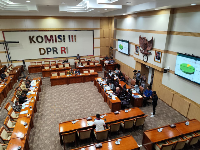 Suasana rapat kerja Komisi III DPR bersama Sekretaris Mahkamah Agung Republik Indonesia dan Direktur Jenderal Badan Peradilan Umum Mahkamah Agung Republik Indonesia di Kompleks Parlemen Senayan, Jakarta, Kamis (13/3/2025). Foto: Luthfi Humam/kumparan