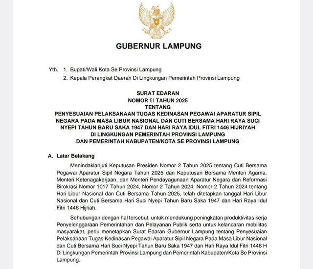 Surat edaran Pemerintah Provinsi Lampung tentang penyesuaian pelaksanaan tugas kedinasan bagi Aparatur Sipil Negara (ASN) pada masa libur nasional dan cuti bersama Hari Suci Nyepi Tahun Baru Saka 1947 serta Hari Raya Idul Fitri 1446 Hijriah. | Foto : Ist