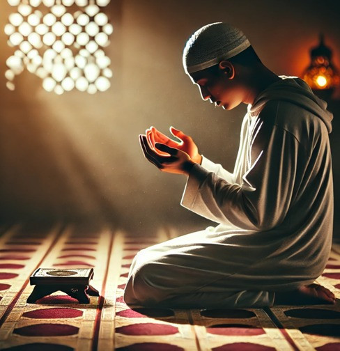 A Muslim person sincerely repenting to Allah. The person is kneeling on a prayer mat in a dimly lit room, with hands raised in deep supplication. Tears of sincerity are visible on their face, and the atmosphere is spiritual and serene. A soft light from a nearby lamp casts a warm glow, creating an emotional and peaceful scene. Sumber : DALL E 3 Open AI