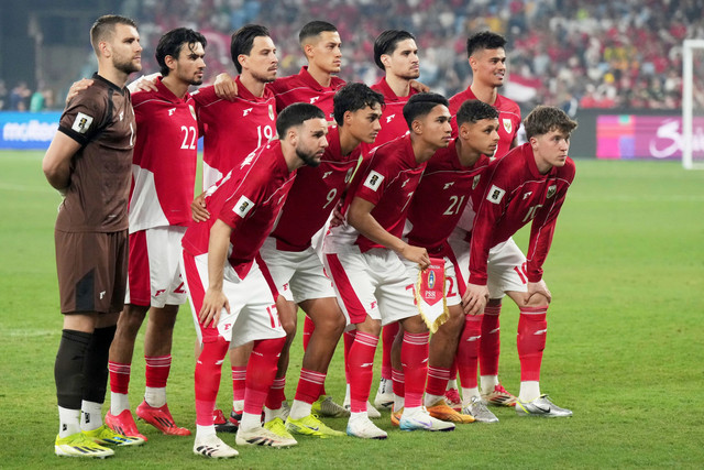 Pemain Timnas Indonesia saat melawan Timnas Australia pada pertandingan Ronde 3 Kualifikasi Piala Dunia 2026 di Sydney Stadium,Sydney, Australia, Kamis (20/3/2025). Foto: Mark Baker/AP Photo