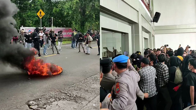 Kolase foto aksi demo tolak UU TNI di DPRD Sulawesi Utara yang ricuh, Kamis (20/3). 