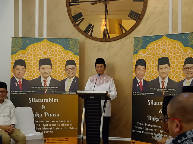 Menteri Agama Nasaruddin Umar dalam acara Dialog Keumatan Kebangsaan, di Sekretariat BPP IKA UIN, Menteng, Jakarta Pusat, Sabtu (22/3/2025). Foto: Fadhil Pramudya/kumparan