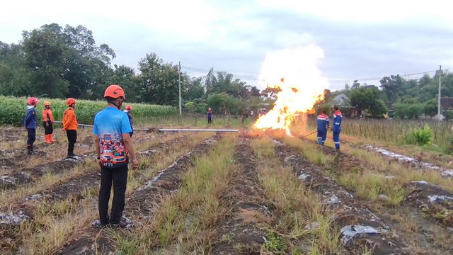 Pembakaran semburan gas dari sumur bor di Desa Klepek, Kecamatan Sukosewu, Kabupaten Bojonegoro, Jawa Timur. Jumat (22/03/2025). (Aset: Istimewa)